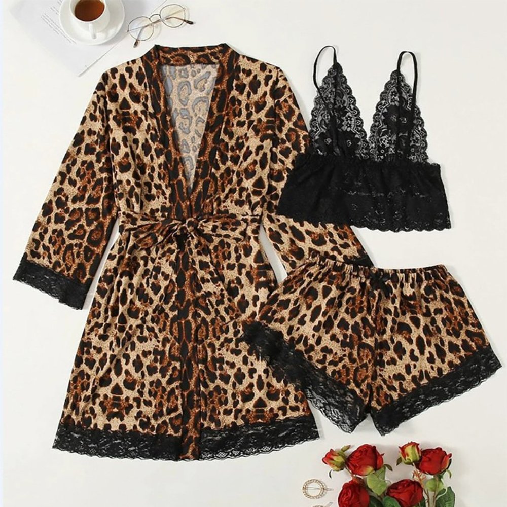 Women's Leopard Print 3 Piece Pajama Set
